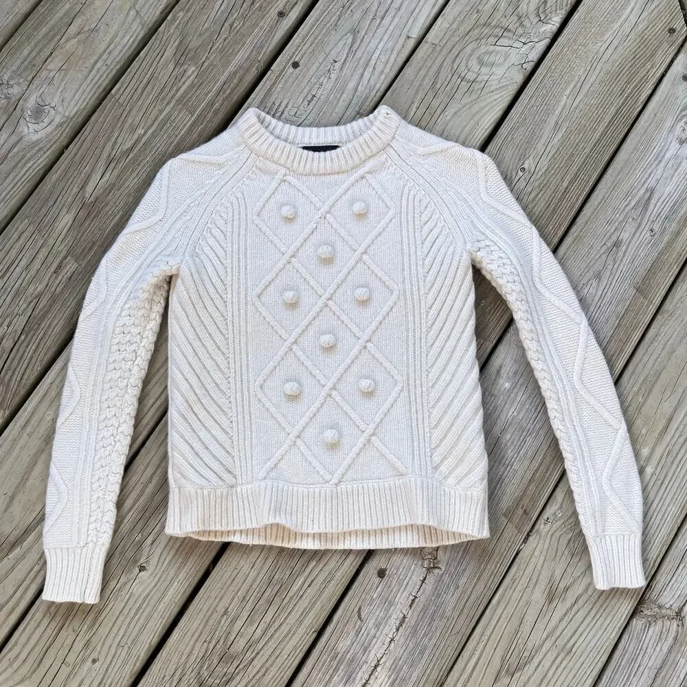 J.Crew Women's Ivory Pom Pom Pullover Sweater Size XS